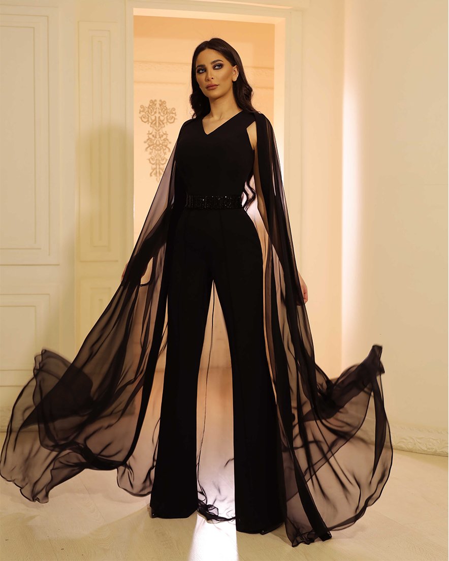 French Novelty: Jovani 09790 Off Shoulder Jumpsuit with Long Cape Sleeves