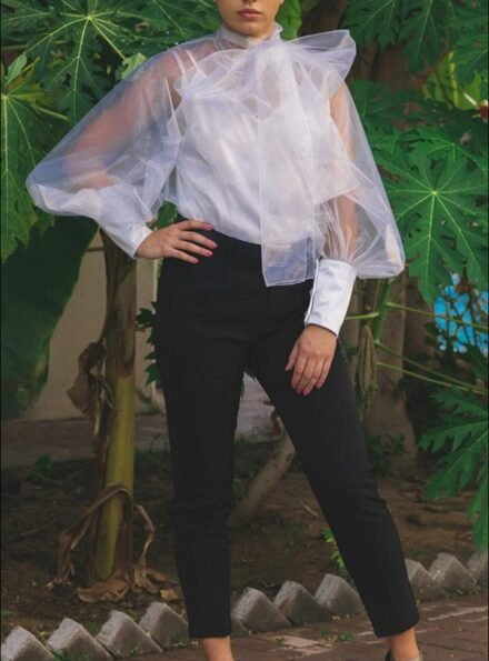 Translucent iridescent organza fabric top